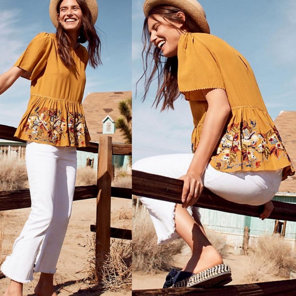 Bhanuni By Jyoti Yellow Embroidered Peplum Top